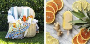 photos of orange popsicle and a picnic basket sitting on the grass with sunscreen and towel